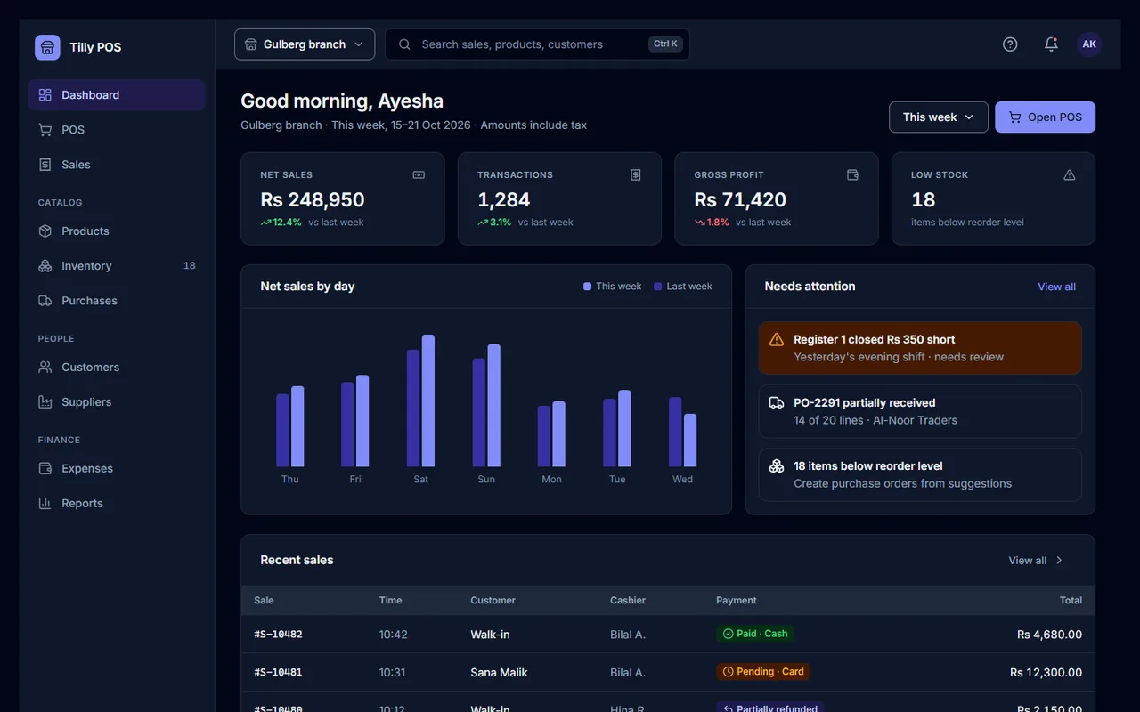 Tilly UI admin dashboard in dark mode