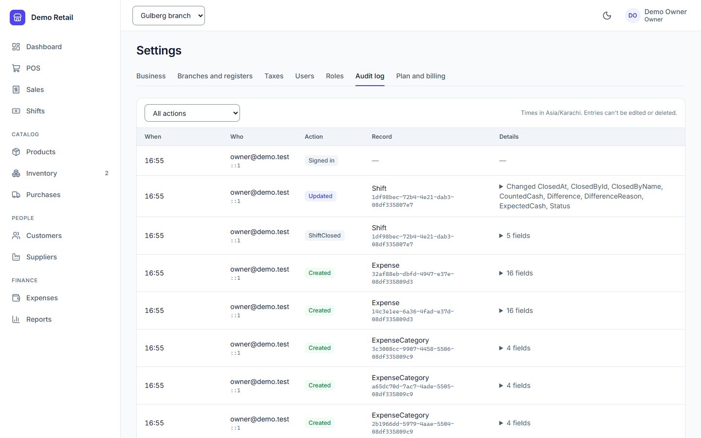Audit log listing sign-ins, shift updates and created records with who, when and which fields changed.