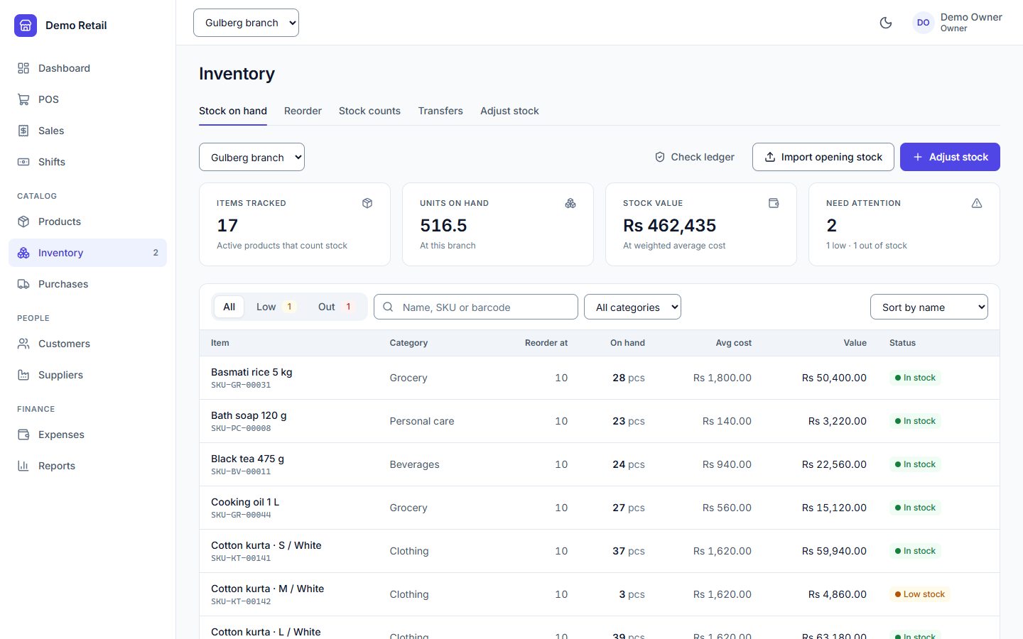 Inventory list for one branch with on-hand quantity, average cost, stock value and a low-stock warning.